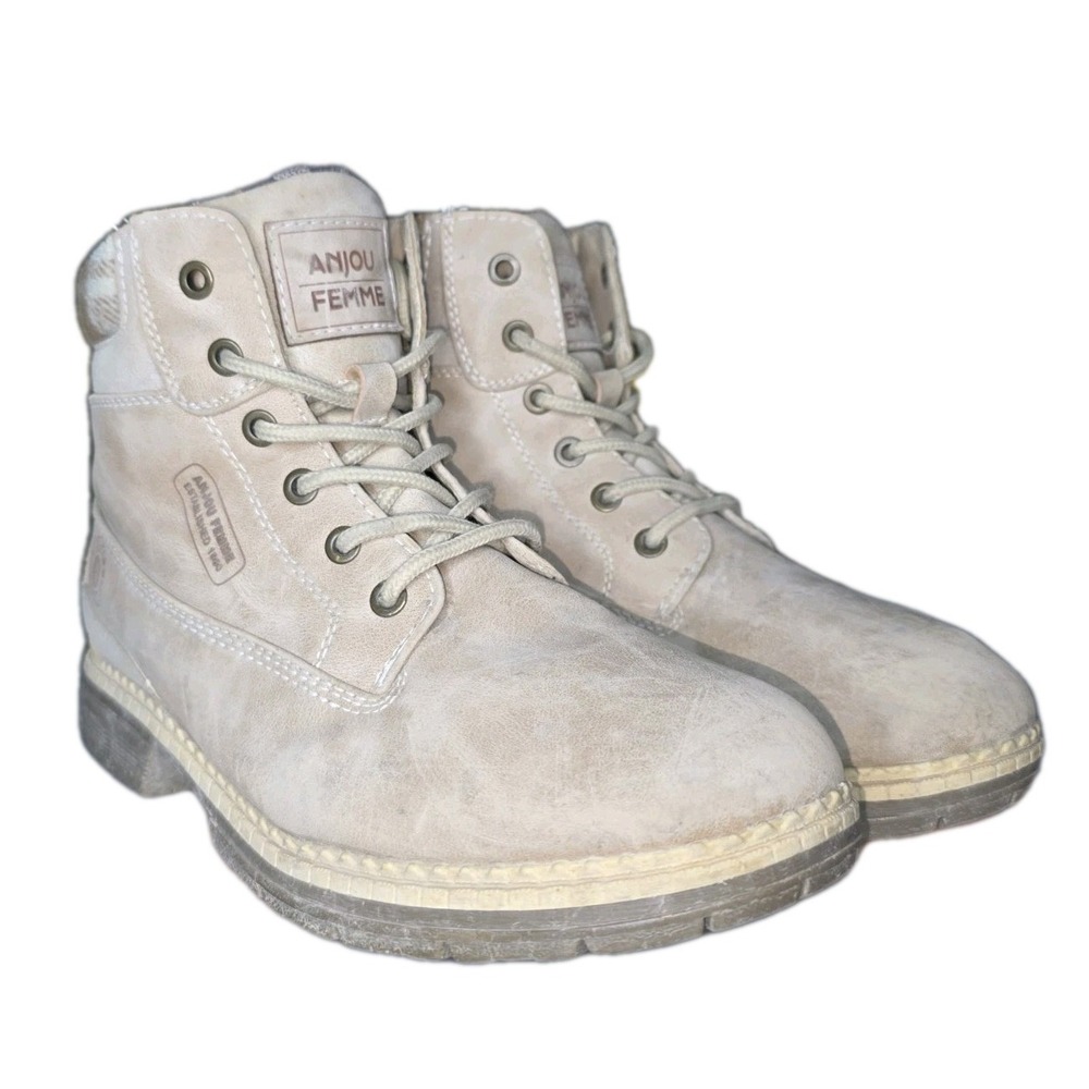 Anjou Femme Beige Plaid Collar Lace Up Ankle Boots Lug Sole Casual Outdoor